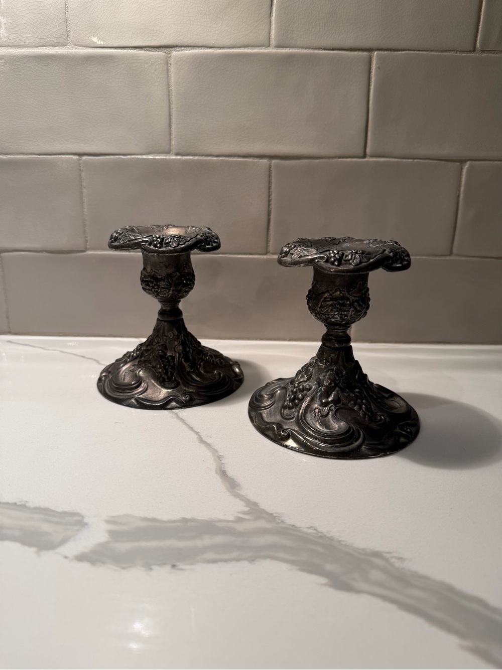 Godinger Silver-Tone Ornate Metal Candlestick Pair